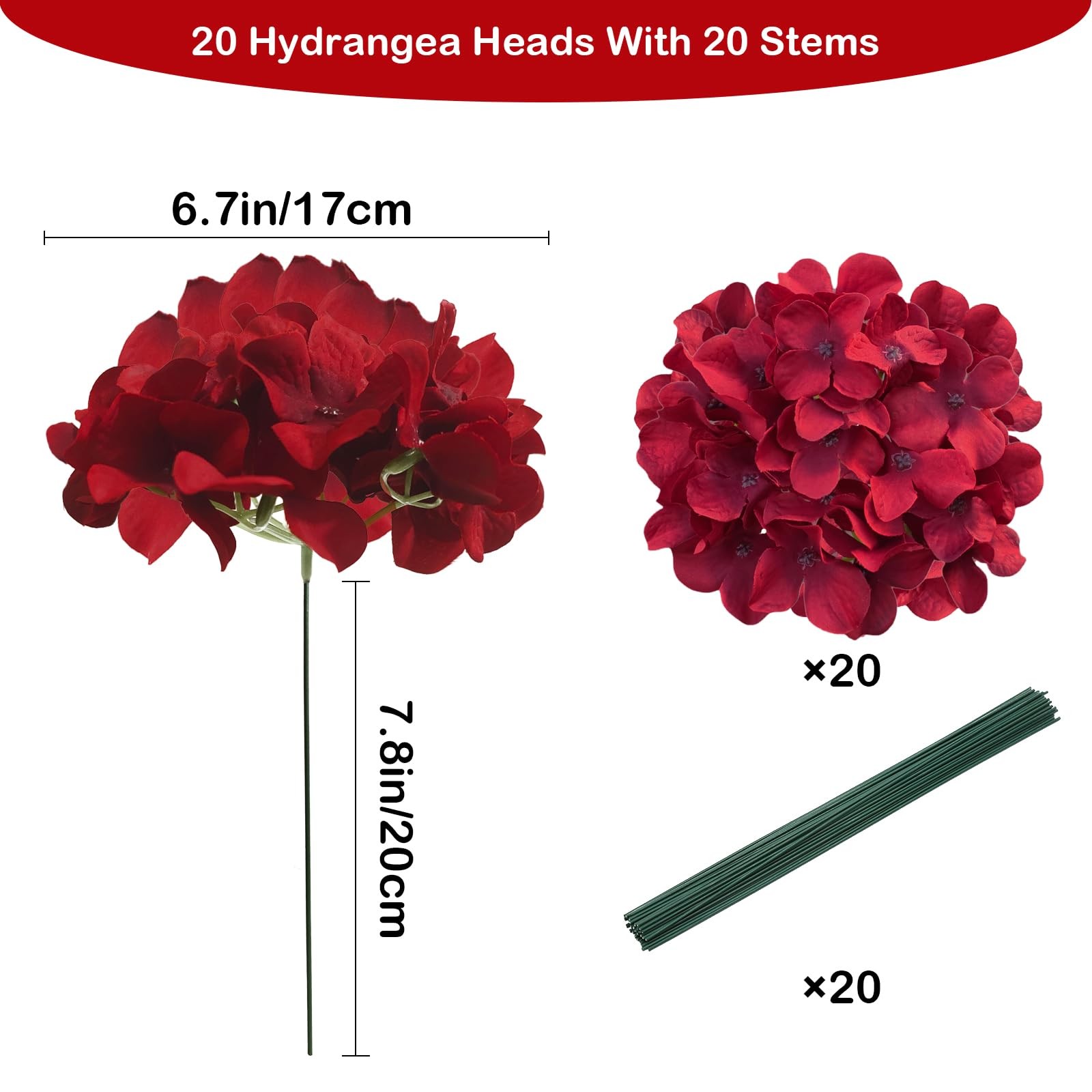 20 Pcs Dark Red Hydrangea Artificial Flowers Bulk, Faux Hydrangea Flowers Hea…