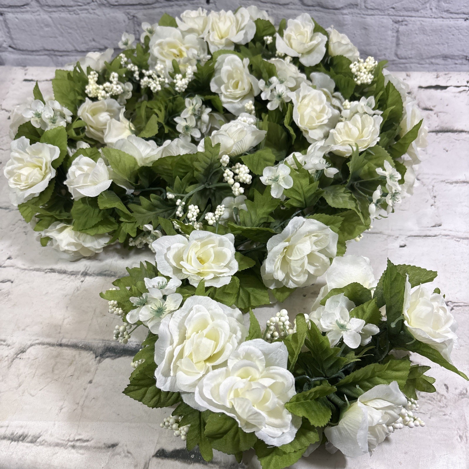 Vintage Wedding Garland White Roses Baby’s Breath Artificial Flower Decor 62”