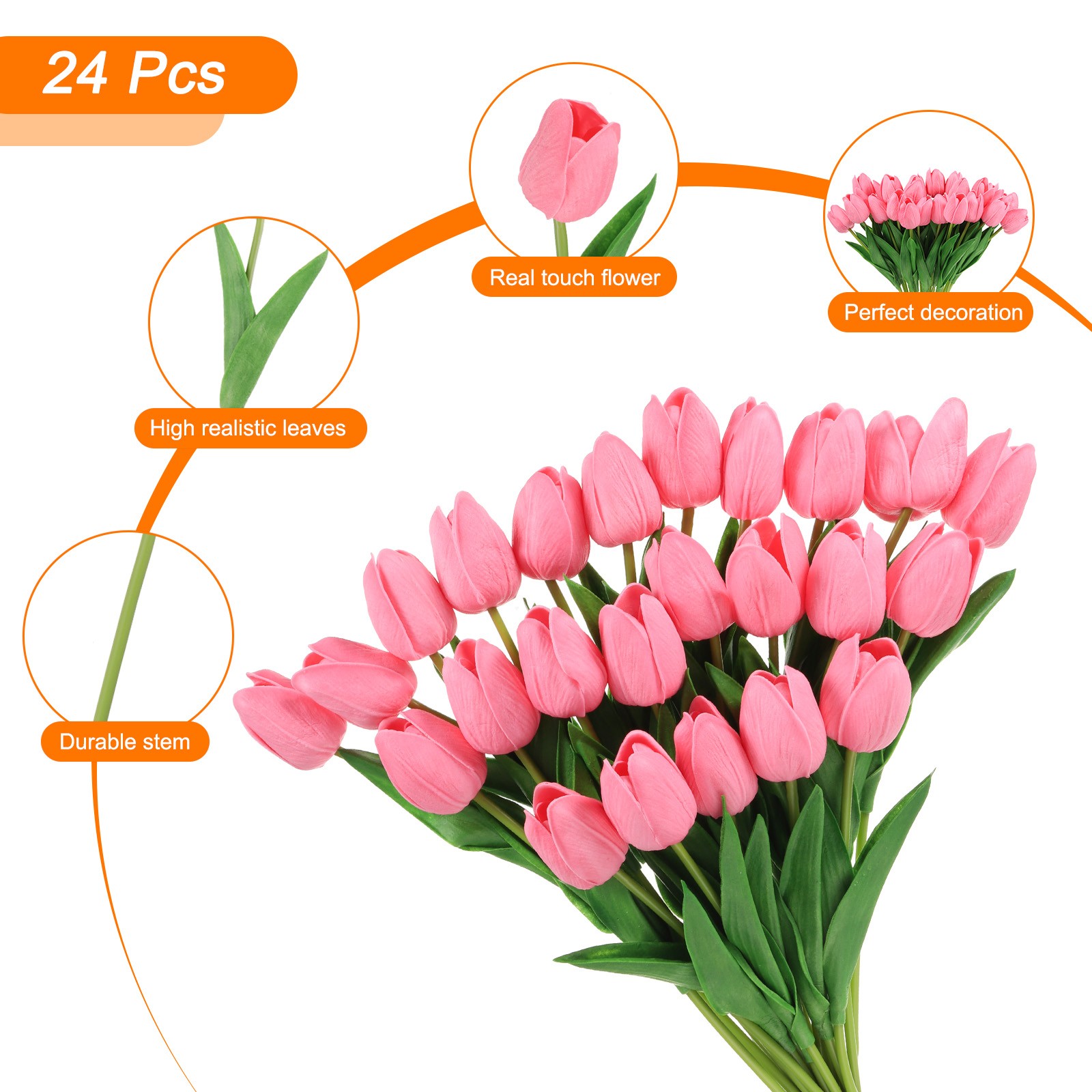 24Pcs Fake Tulips Artificial Flowers PU Tulips with Stems Pink