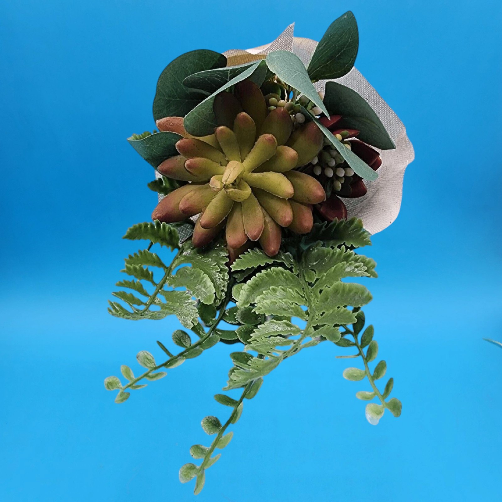 Artificial Green & Red Succulent Floral Bouquet Berry Eucalyptus Cloth Wrapped