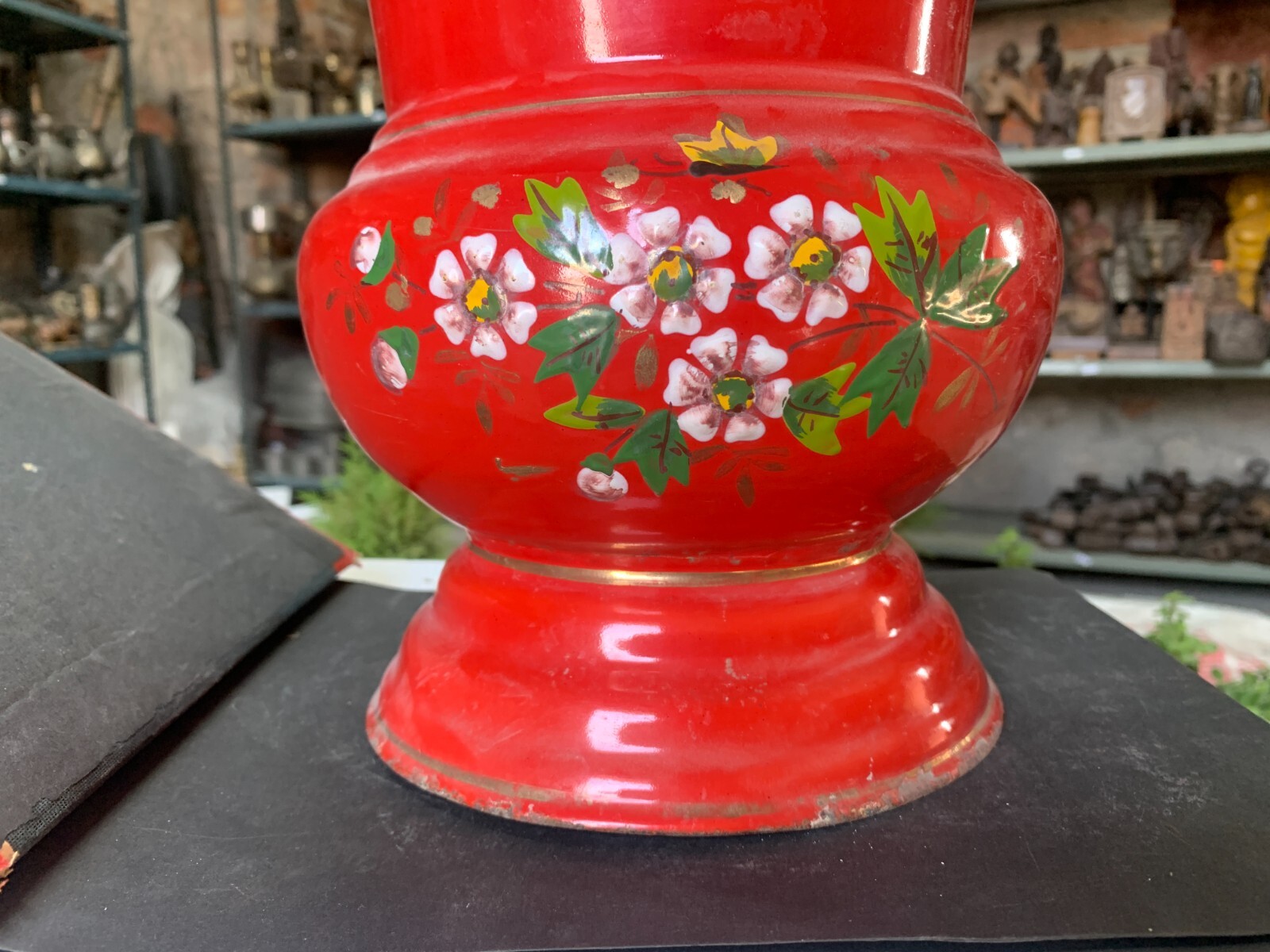 Vintage Hand Crafted Red Color Enamel Floral Leaf Design Painted Flower Vase Pot