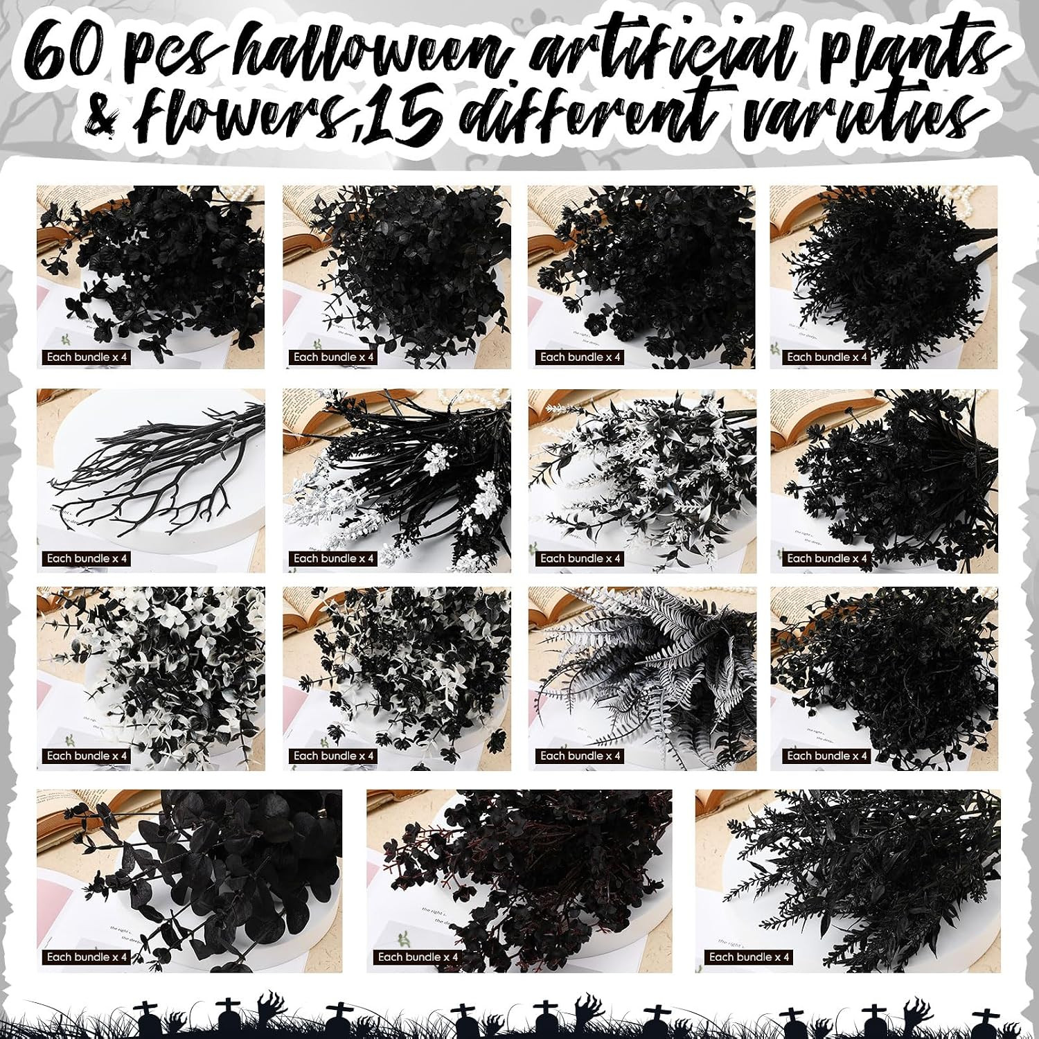 60 Bundles Black Outdoor Artificial Fall Flowers for Halloween Decor