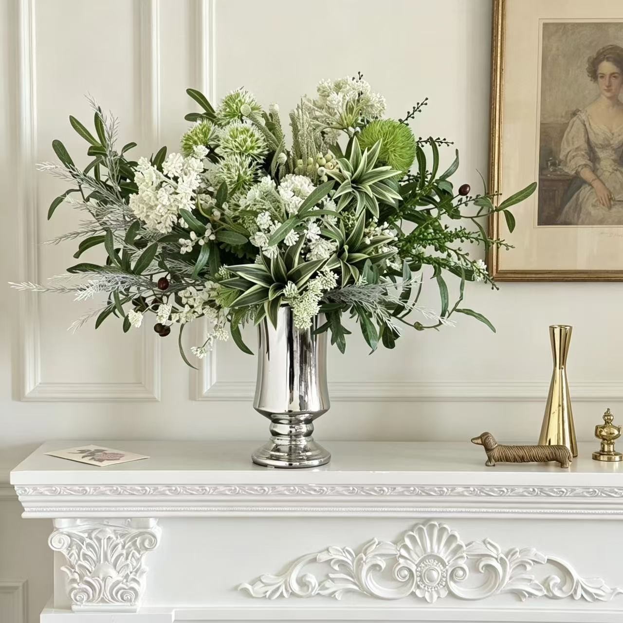 French Country White Green Floral Arrangement Luxury Home Decor