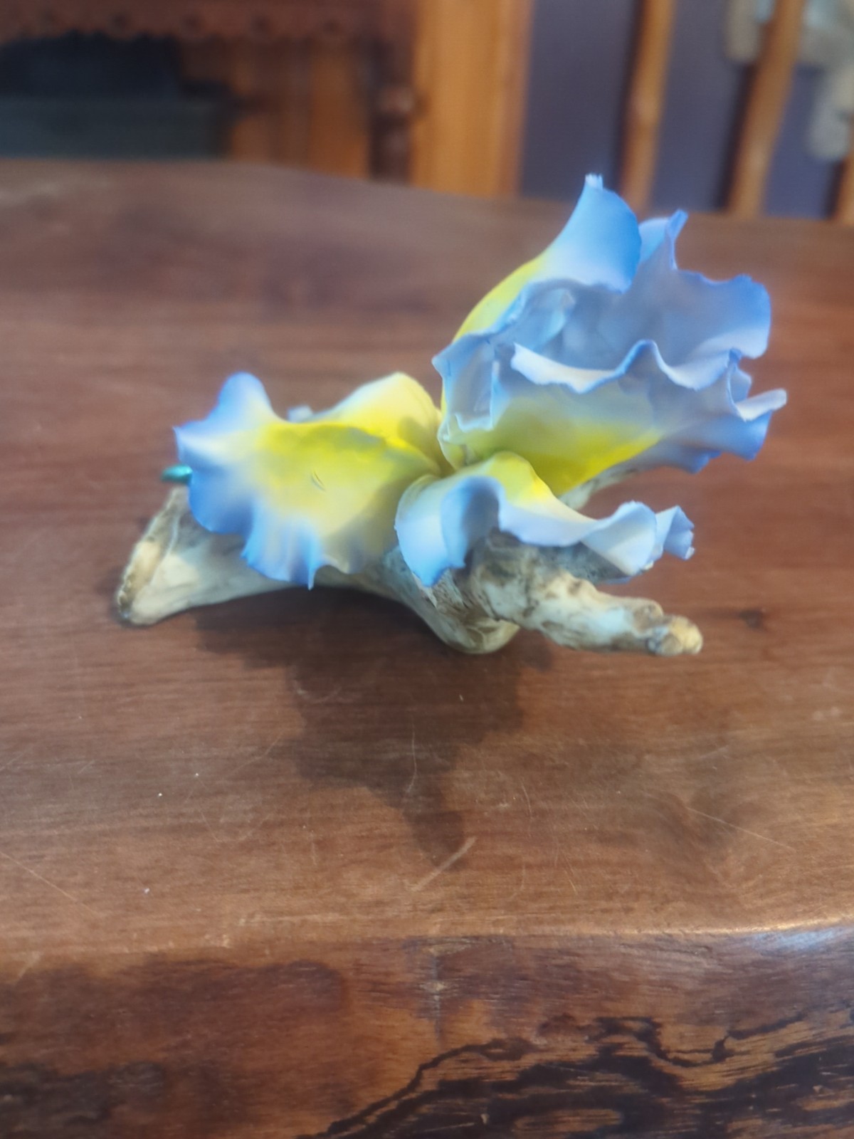 Vintage Blue Yellow Iris Fabar Capodimonte Porcelain Italy Flower Sculpture
