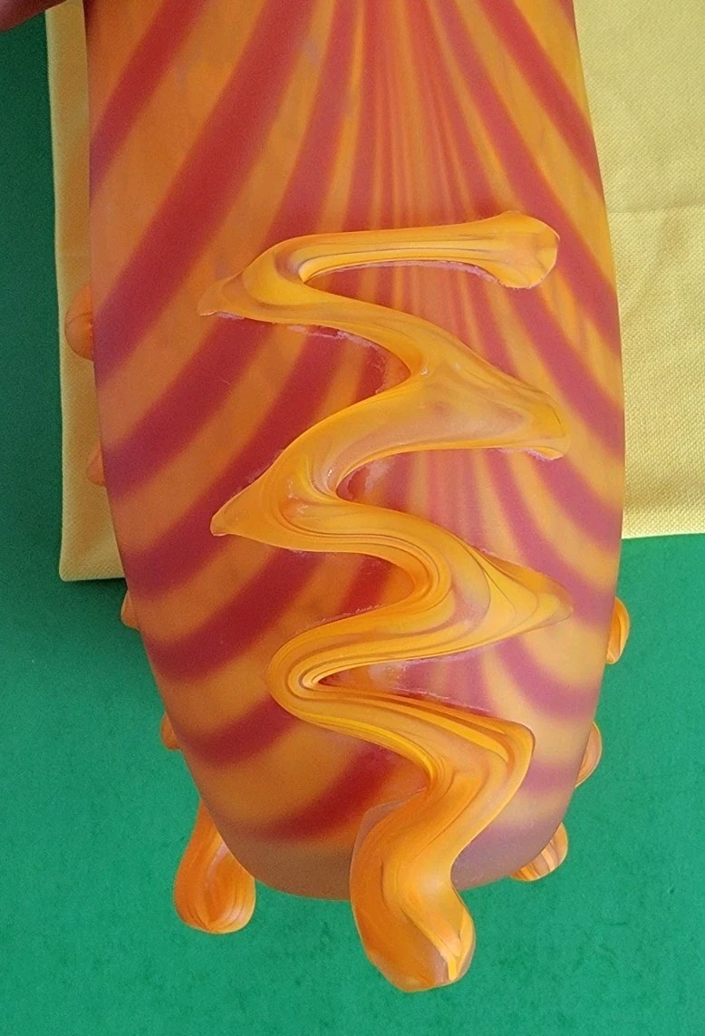 Art Glass 10.25″ x 4.5″ Vase – Orange & Red Swirled Vase With Three Feet