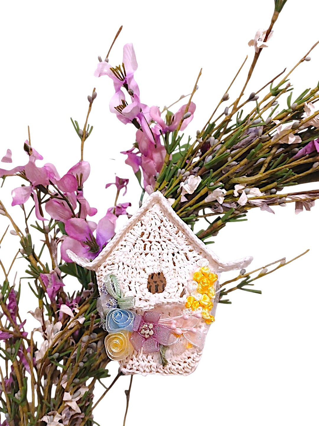 Spring Summer Door Wreath 18″ Field of Flowers Crochet Feather Bird House Wall