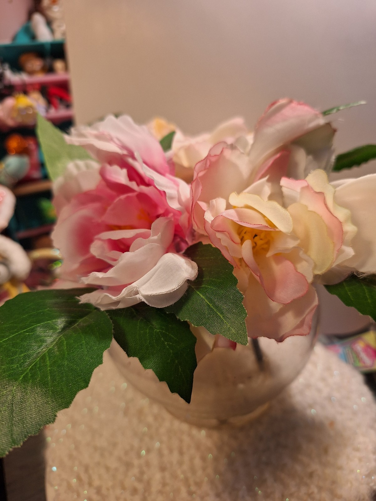 Peony White And Pink Glass Vase 6″ tall  Spring Centerpiece Flowers In Resin