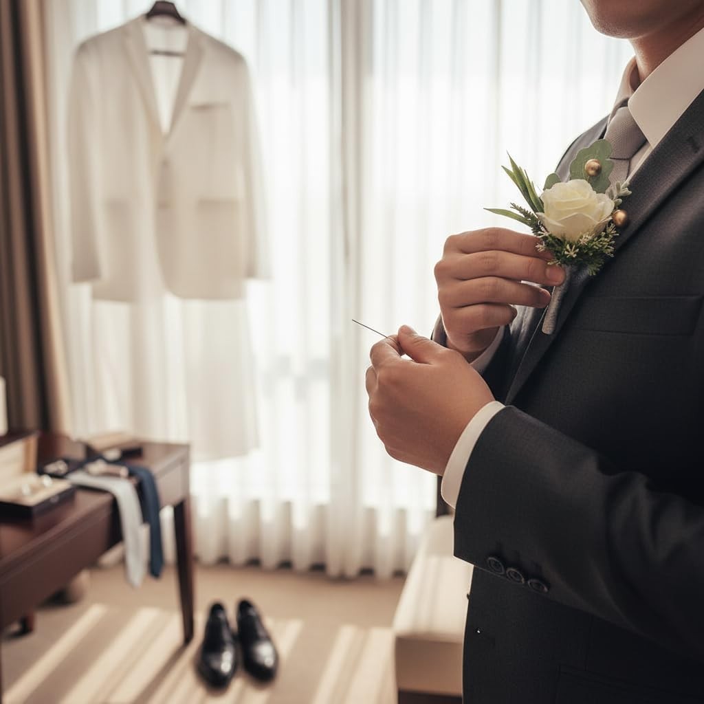 2Pcs Roses Boutonniere for Men Wedding, Groom Groomsman Artificial White Rose…