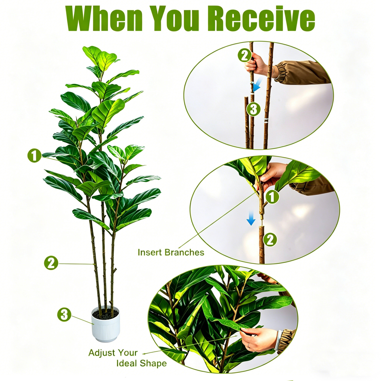 5Ft Artificial Fiddle Leaf Fig Tree Realistic Adjustable Branches White Planter