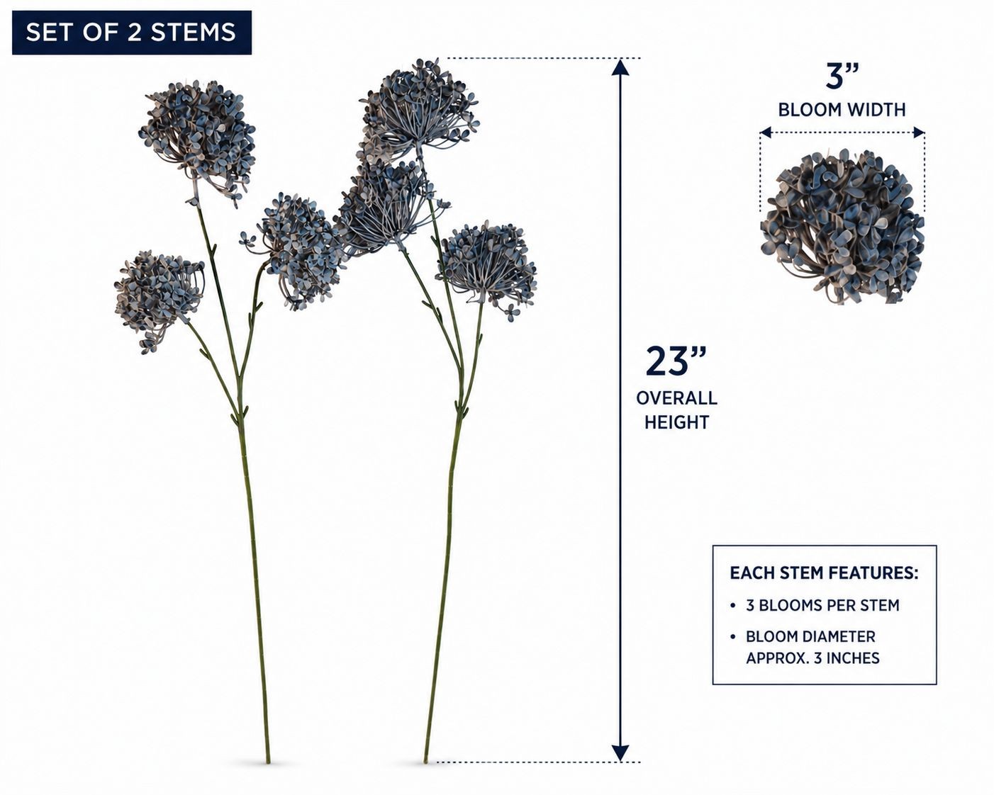 Artificial Blue Allium Flower Stems Set of 2 Dusty French Blue Faux Floral Spray