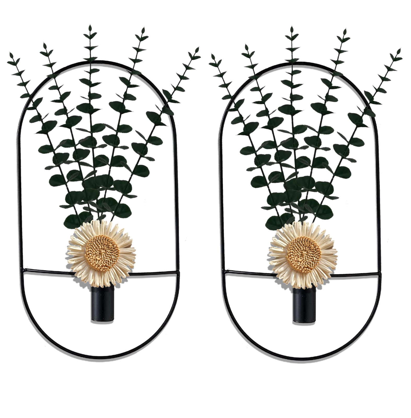 2 Pack Black Metal Wall Hanging Vase with Artificial Plants, Metal Plants Dec…