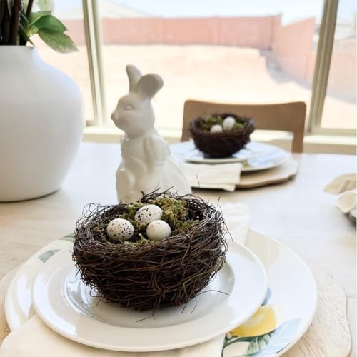 Handmade Rattan Birds Nest Set of 4 with 12 Artificial Eggs & Moss for Easter De