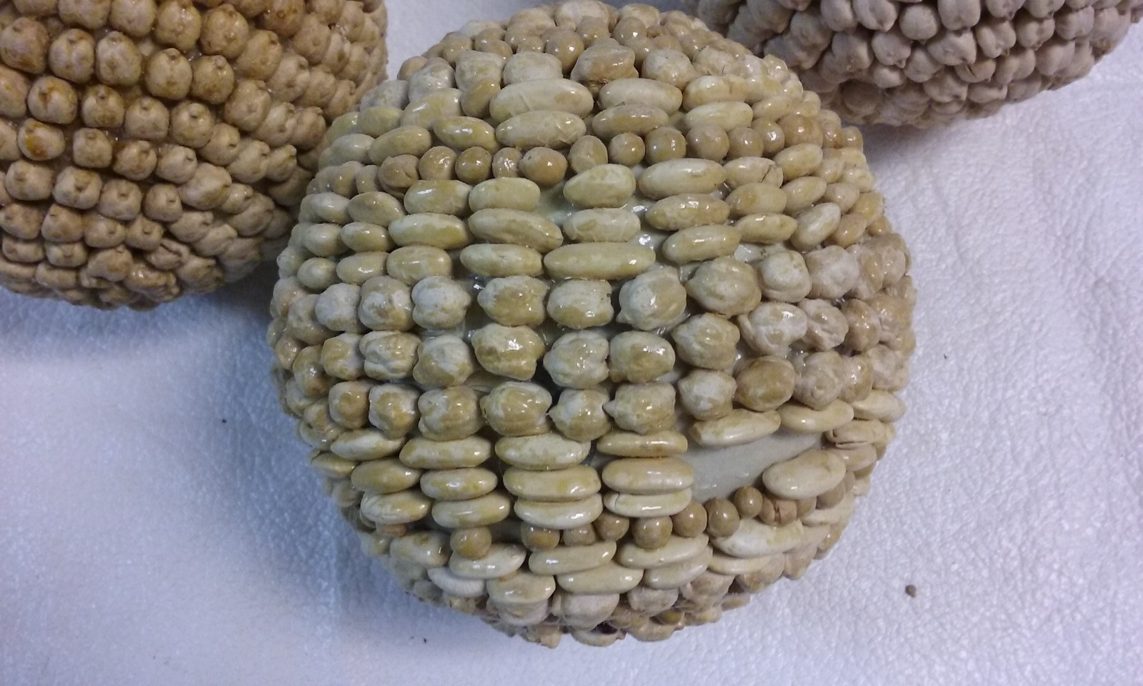 3 White Bean Seed Mosaic Decorative Ball Ornaments 5″ to 6″ wide