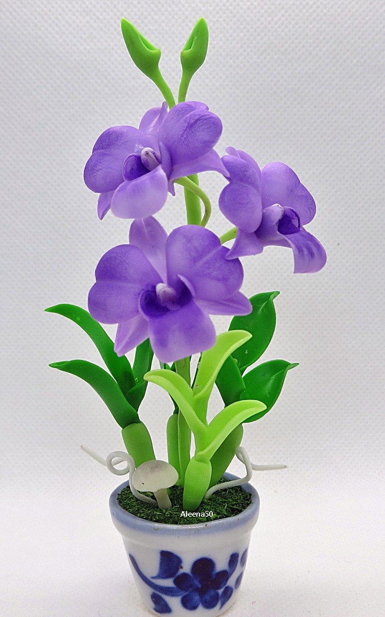 US Stock 4″H Handmade Air-Dry-Clay Miniature Dendrobium Orchid Arranged in Pot