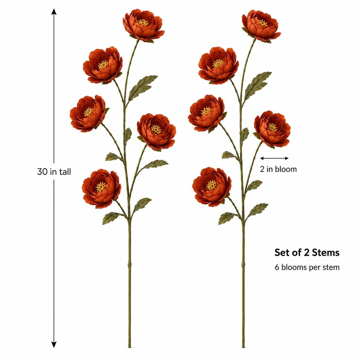 Burnt Orange Ranunculus Peony Stems Set of 2, 30 Inch Artificial Fall Flowers fo