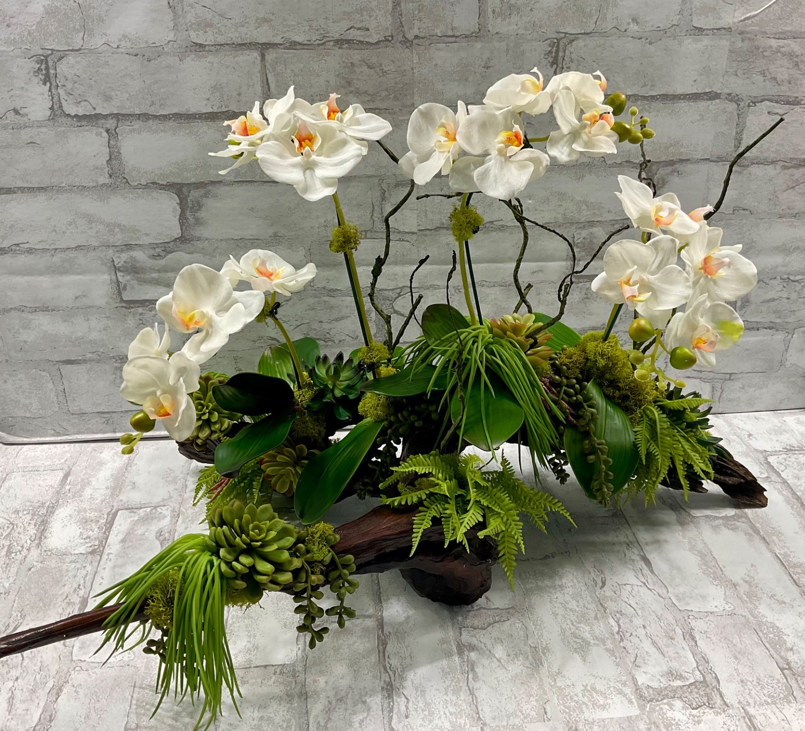 Large Driftwood Orchid Arrangement, White Real Touch Orchids Succulents 28’x17′