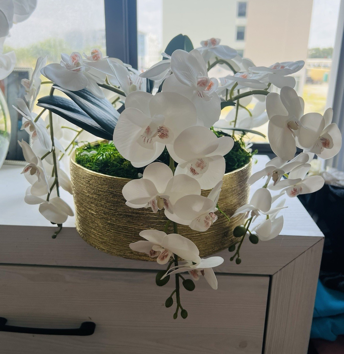 Artificial White & Green Orchid Floral Centerpiece Arrangement in Gold Pot