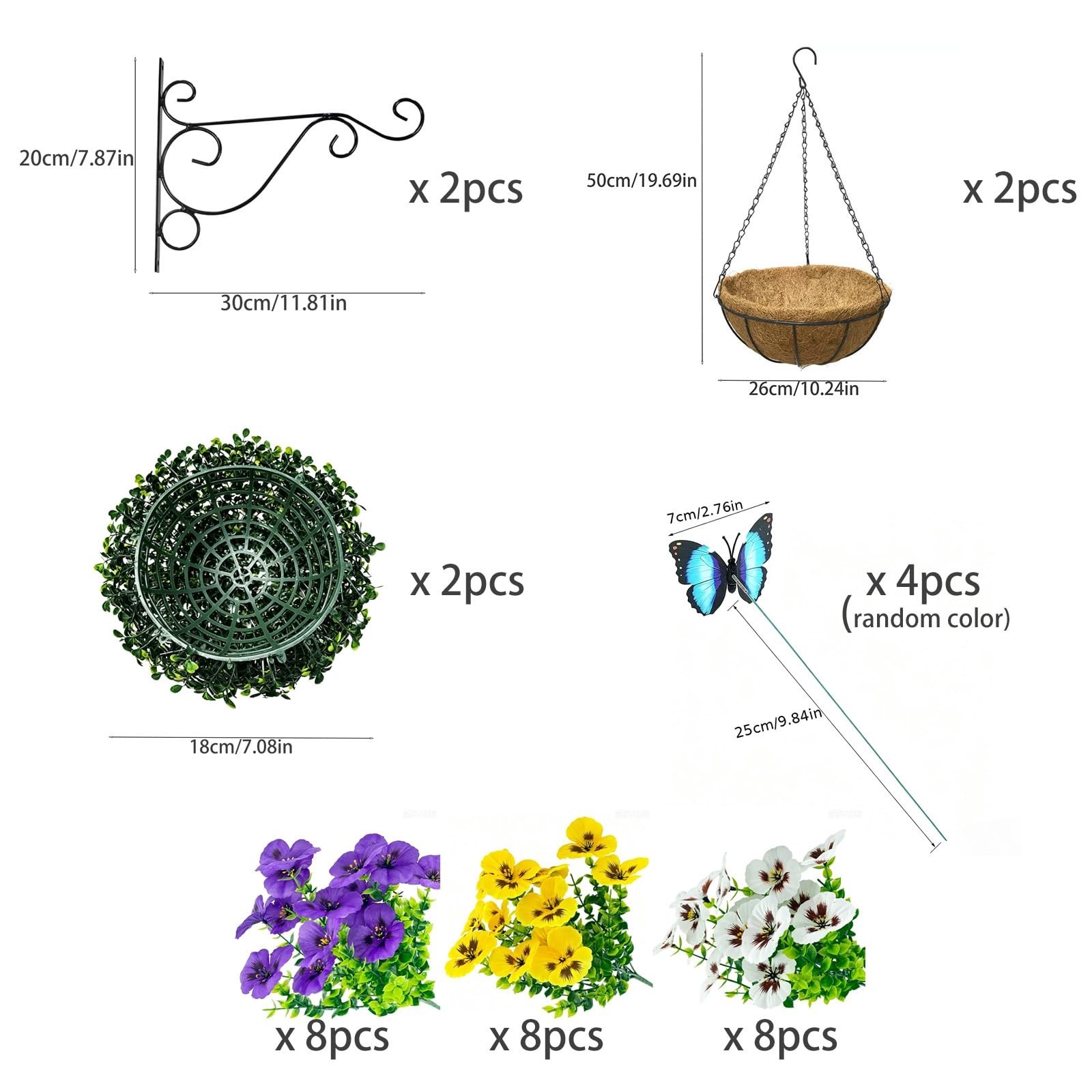 2 Sets Faux Silk Pansy Hanging Baskets, 24 Pcs Artificial Flowers for Patio Gard