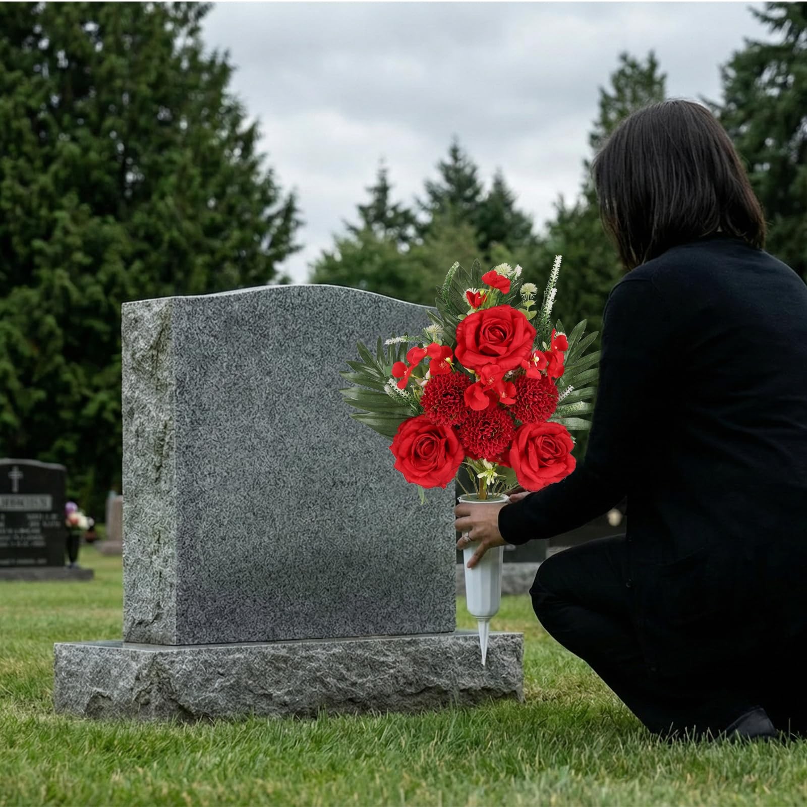 2 Sets Cemetery Flowers for Grave, Outdoor Roses Chrysanthemum Hydrangea Arti…