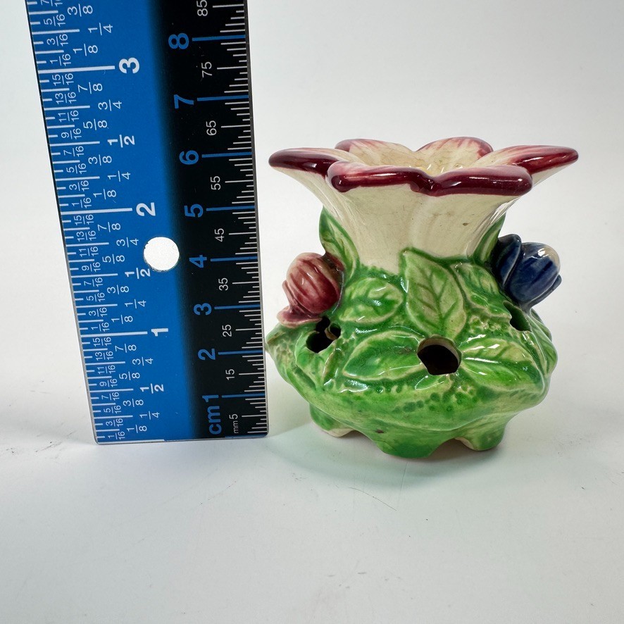 Vintage Ceramic Six Hole Footed Flower Frog Retro Floral Decor 2.5″ Tall
