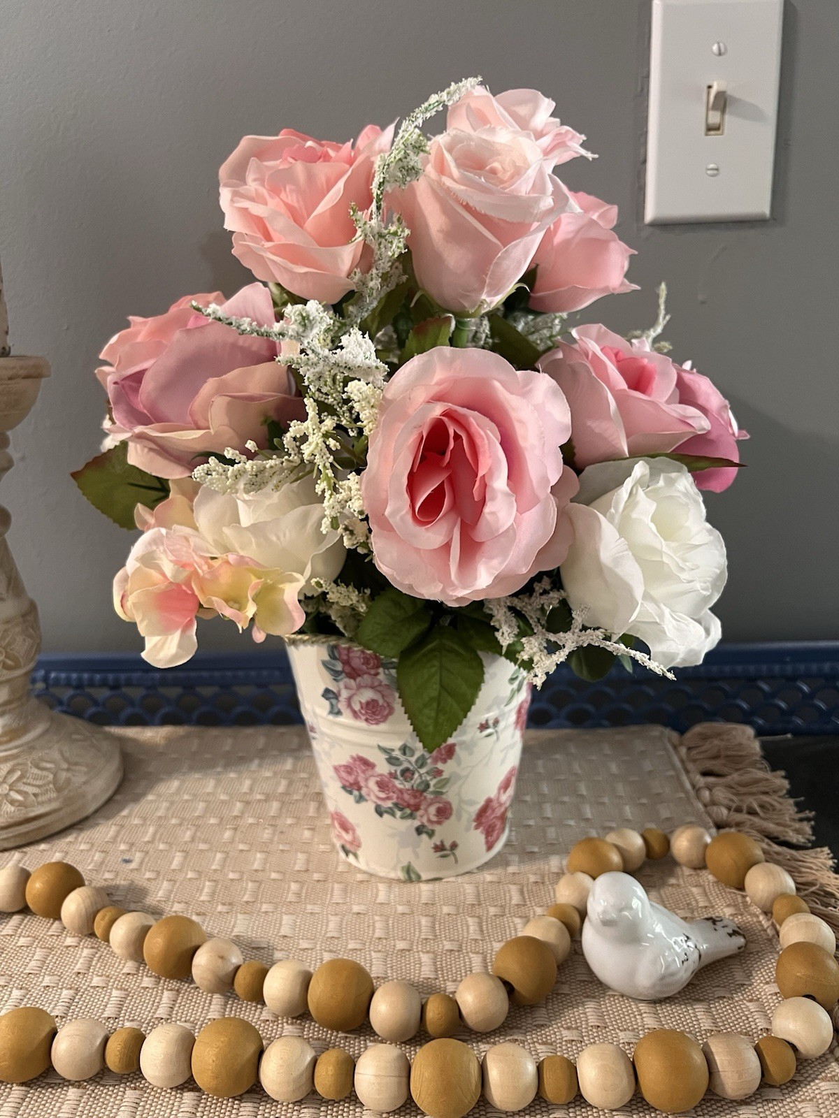 Cottagecore Pink Rose Wreath & Floral Arrangement Set, Girls Room Decor