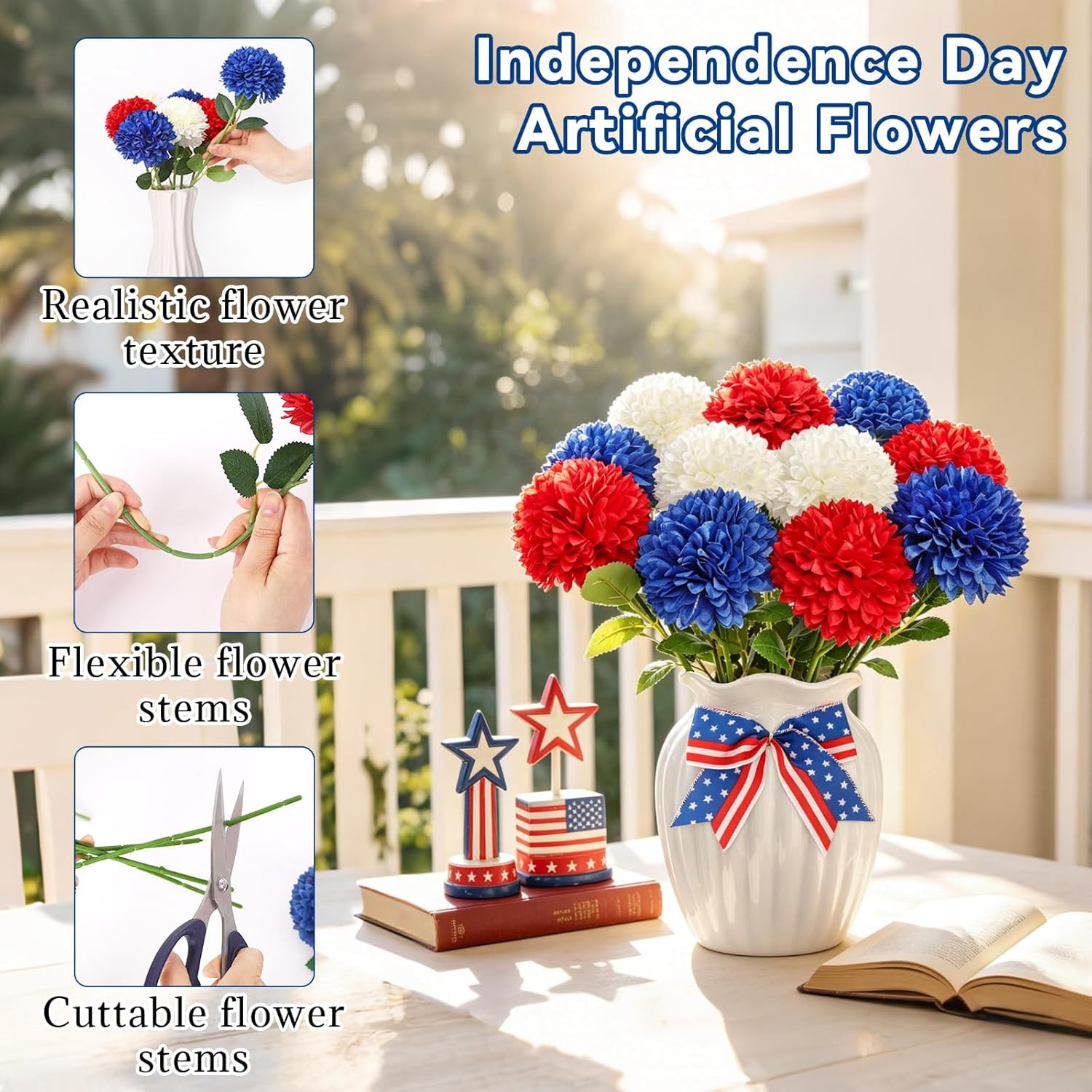 12 Pcs Artificial Chrysanthemums Flowers Patriotic Flower, 4Th of July Fake Mums