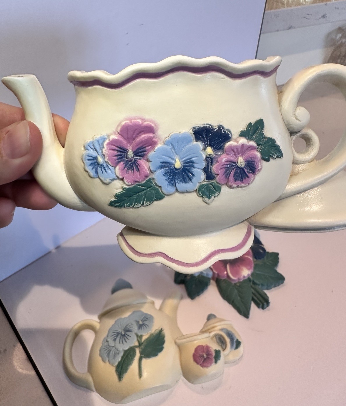 Vintage Burwood Pansy Flower & Teapot Wall Hanging Plaques Set (3)