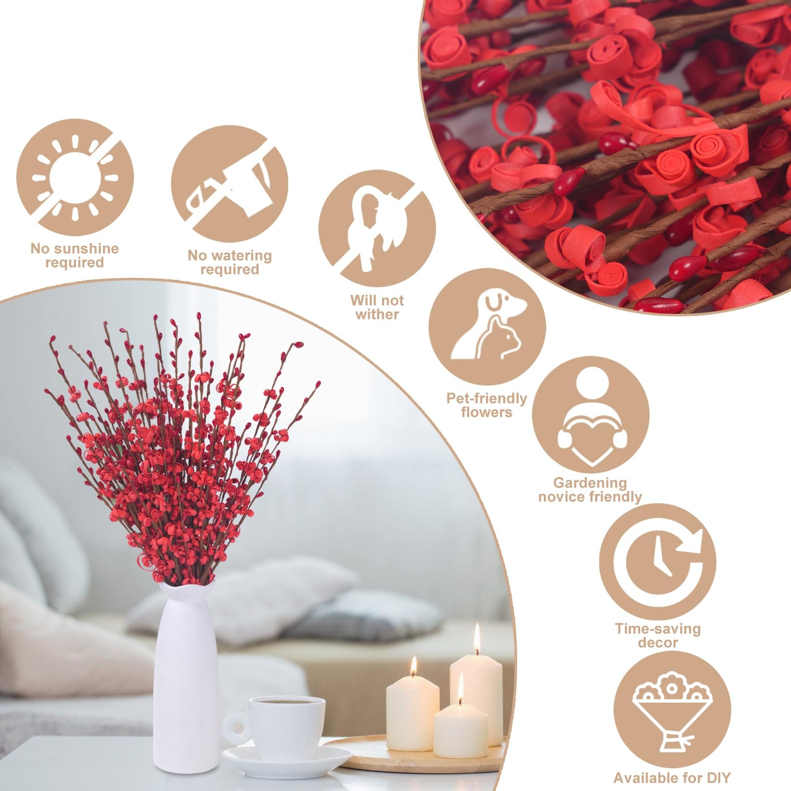 Red Flowers Artificial Jasmine 17.5 Inch Faux Patriotic Red Berries 10 PCS