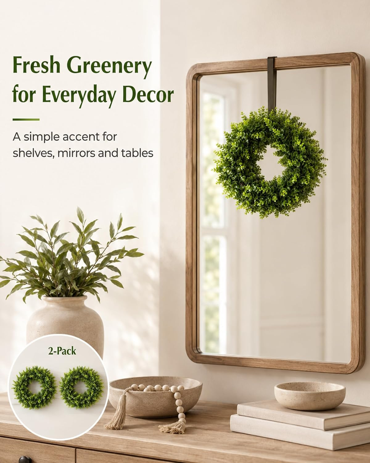 12″ Mini Boxwood Wreaths 2-Pack – Faux Greenery for Decorating | Modern Farmhous