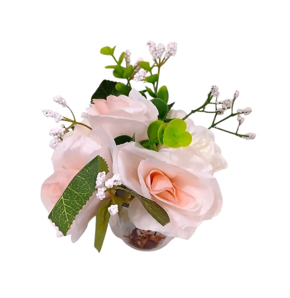 Silk Floral Arrangement Dainty Pink Roses Leaf Tea Party Cup POP-IN Love Romance