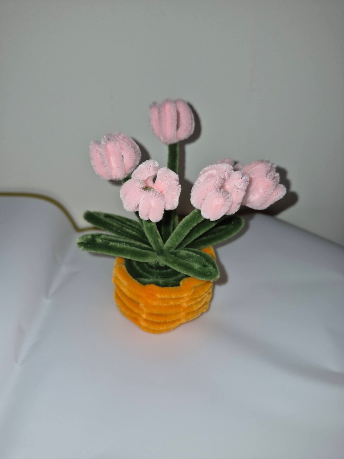 Artificial Pink Tulip Potted Arrangement Centerpiece, Orange Pot