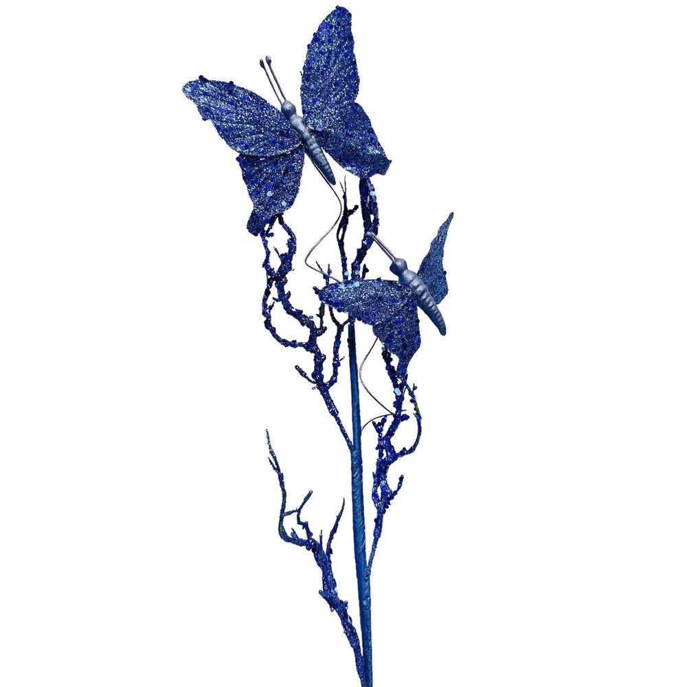 Blue Glitter Twig With 2 Butterflies Dead Twig Branch Window Outdoor Decor 31″