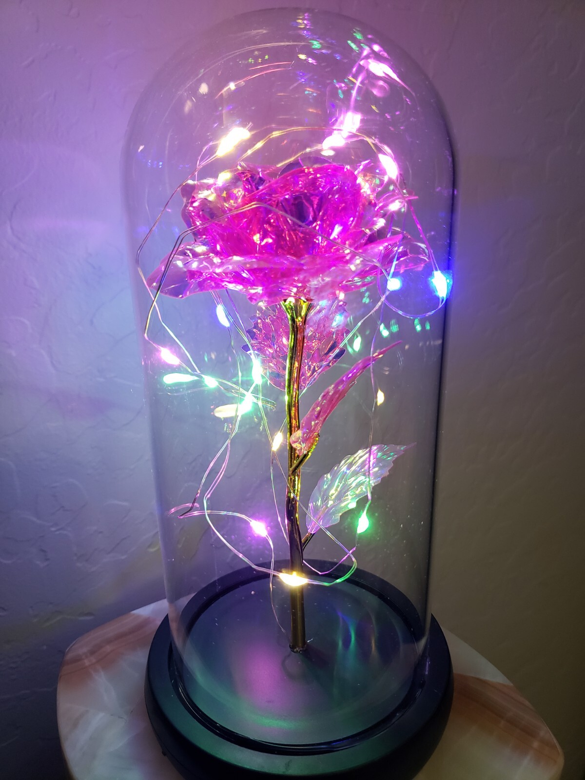 LED Galaxy Pink Rose in Glass Dome Light Up with gift box included romantic gift