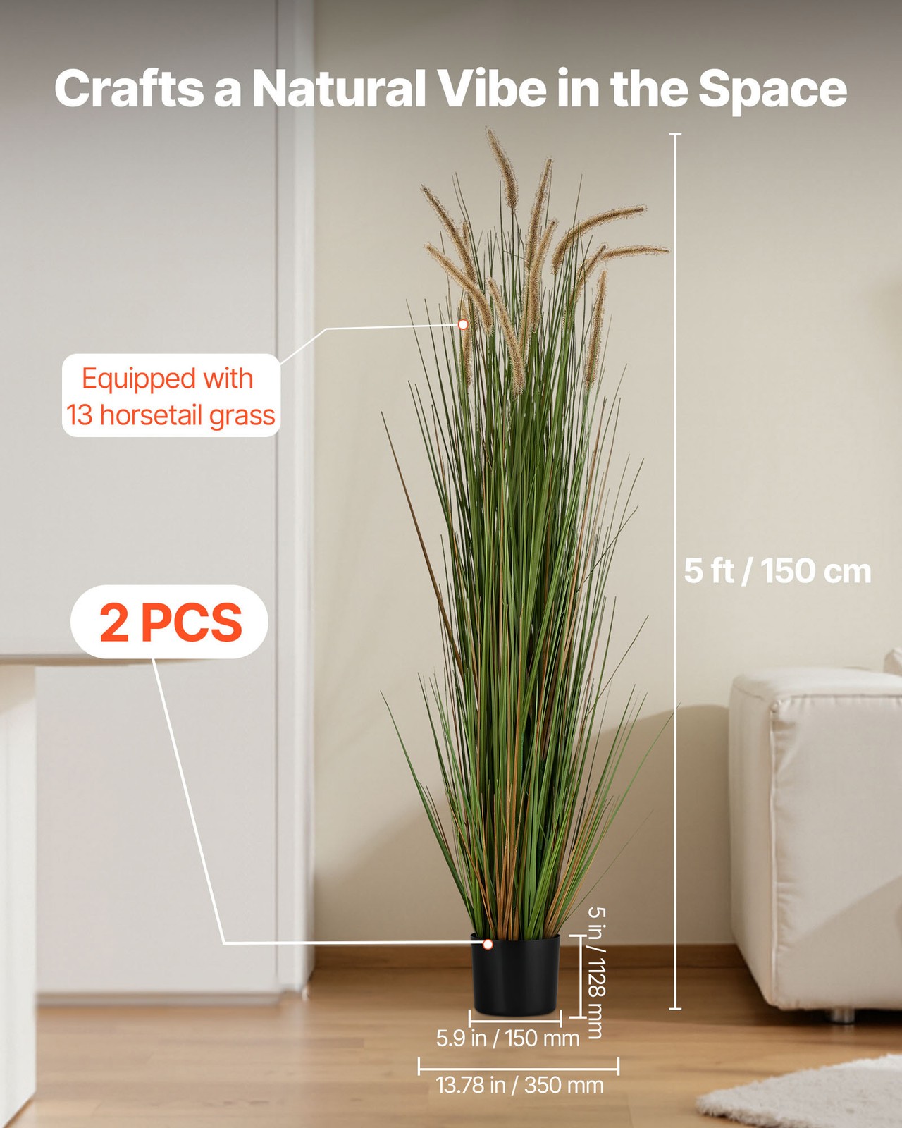 VEVOR Artificial Grass Plant 59 Inch Horsetail Reed Grass In Pot 2 Pack Green