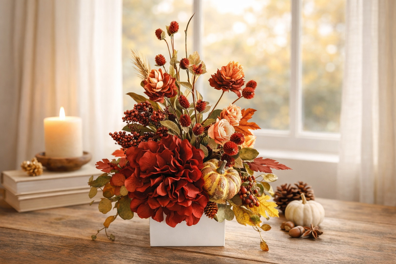 Fall Floral Arrangement, Burgundy Red Hydrangea Pumpkin Decor