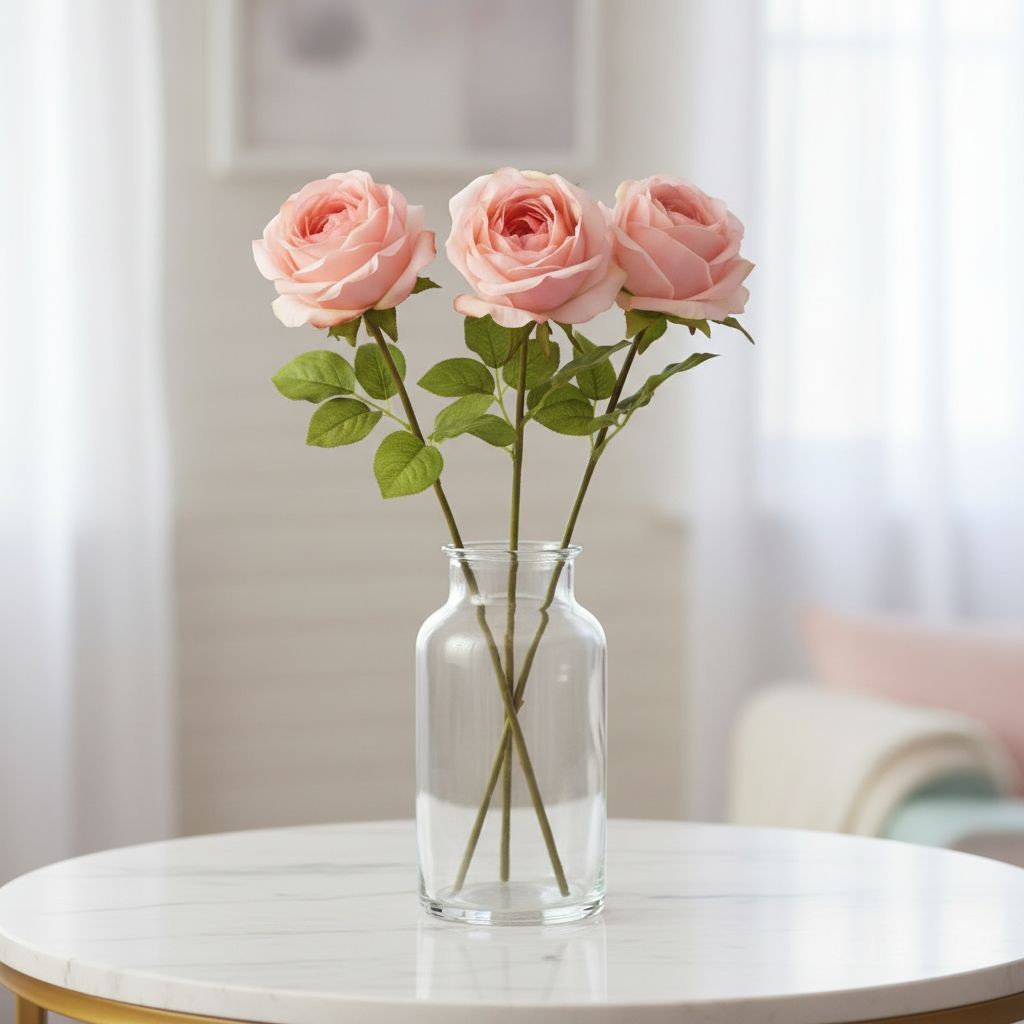 Blush Pink Artificial Roses Set Of 3 Fake Flower Stems Silk Roses Long Stem Wedd