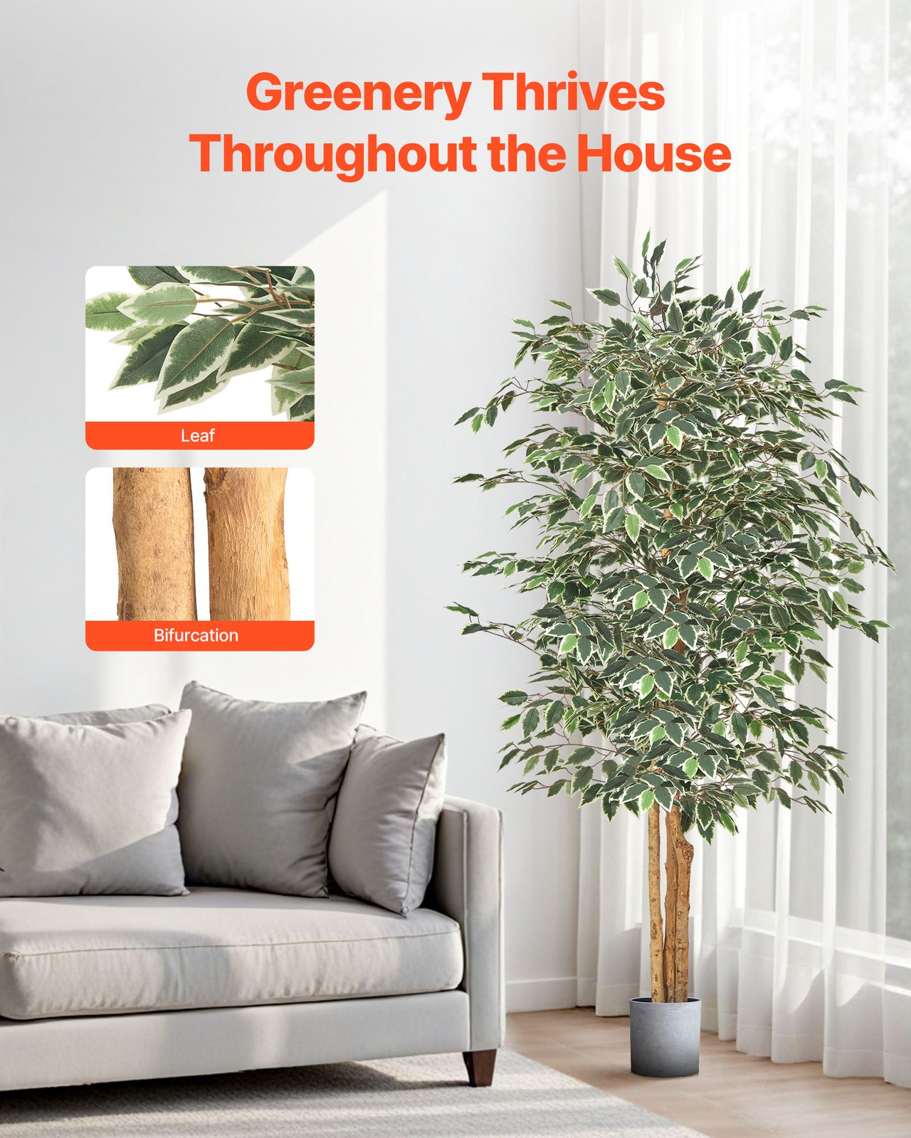 VEVOR 6FT Artificial Ficus Tree Tall Faux Plant with Black Pot for Indoor Decor