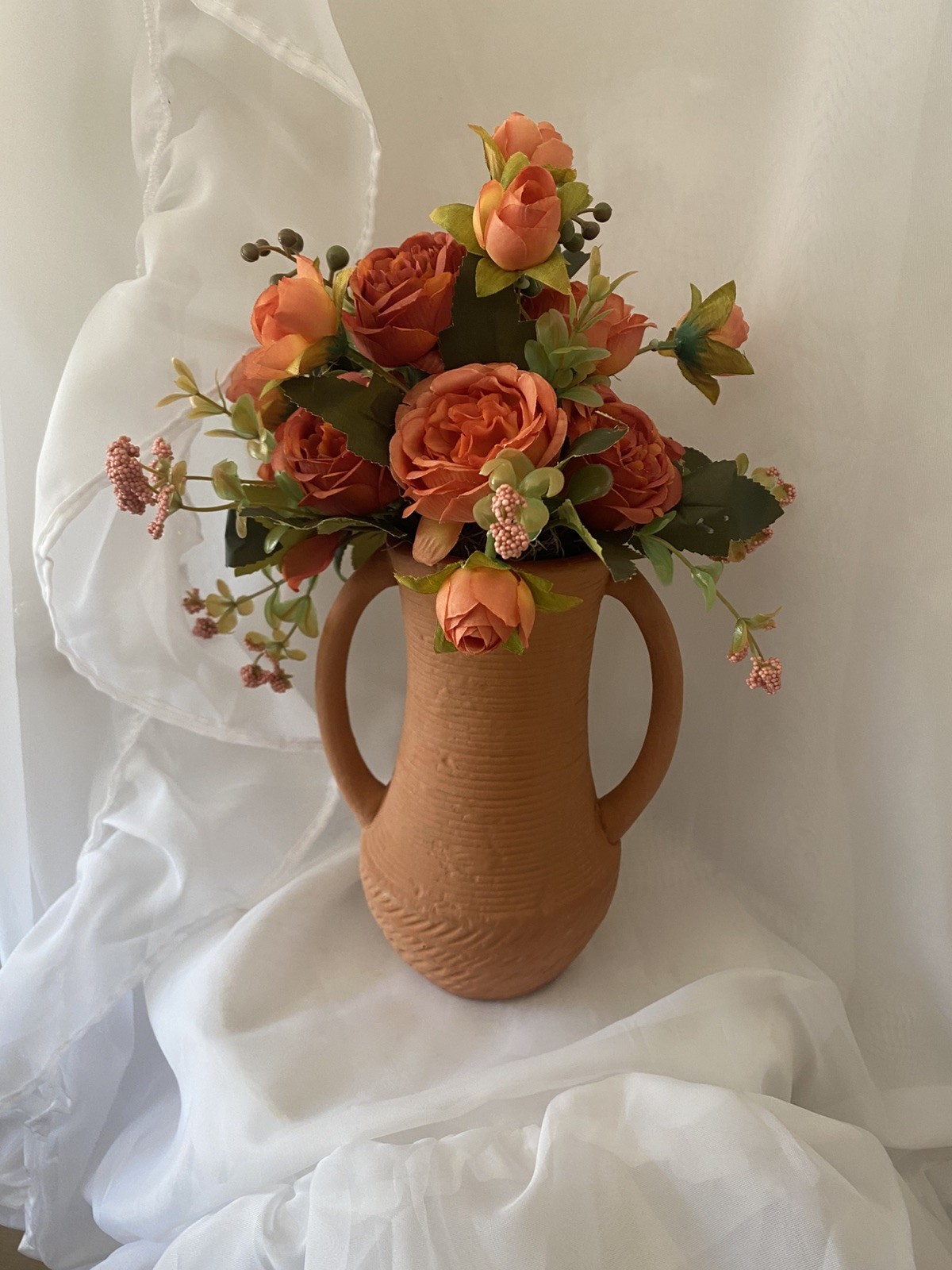 Terracotta Vase Summer Orange Peonies Table / Shelf Centerpiece Flower Floral