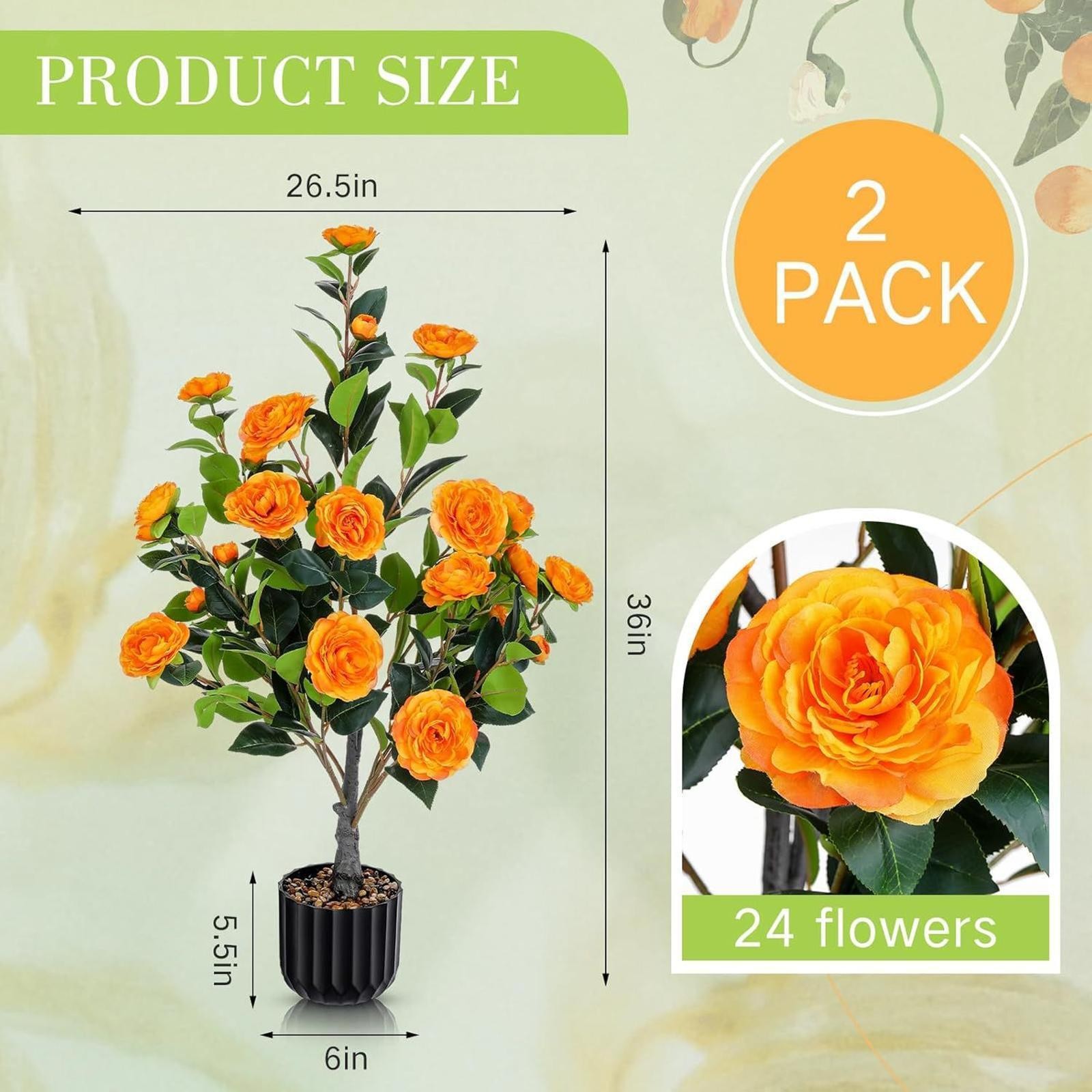 Set of 2 Faux Trees 36” with Orange Floral Accents – , No-Maintenance Indoor
