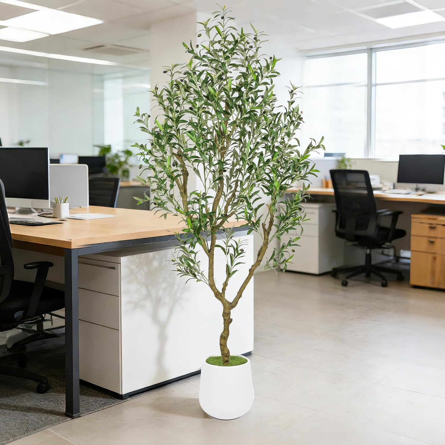 7Ft Artificial Olive Tree with White Tall Planter, Realistic Leaves & Fruits Art