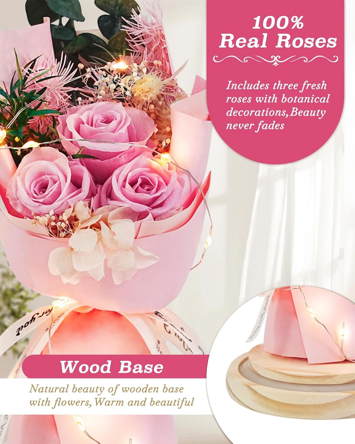 HVY Preserved Flowers Gifts for Her,Preserved Rose Bouquet in Glass Dome,Forever