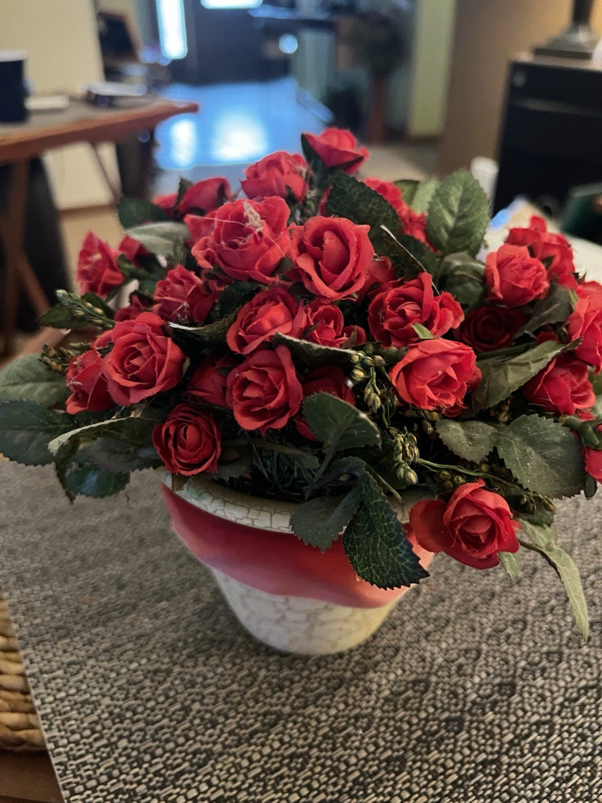 Red Rose Floral Arrangement in Crackle Pot Faux Silk Flowers Valentine Decor