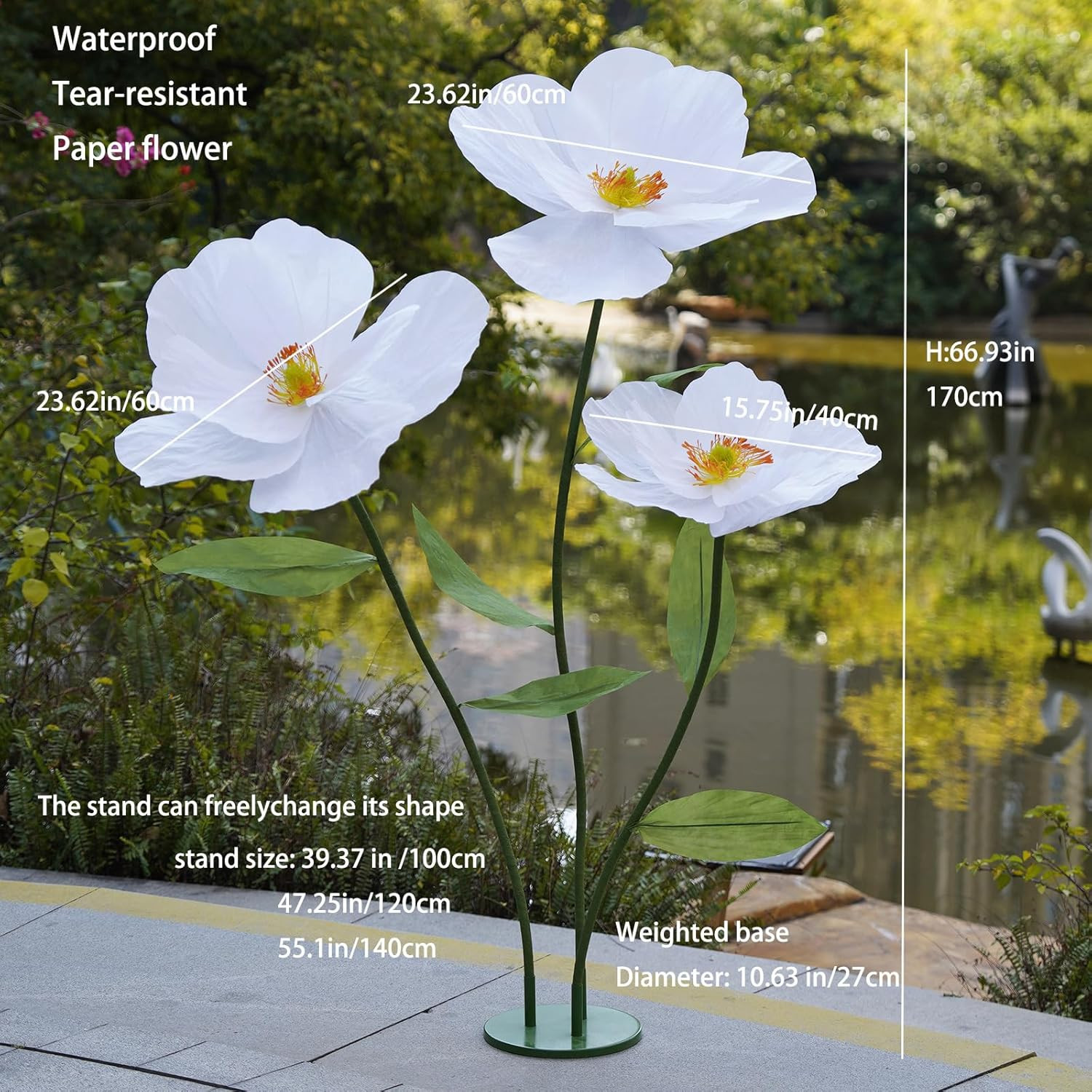 Giant White Paper Poppy Flowers for Home Decor & Events – Handcrafted Stand Incl