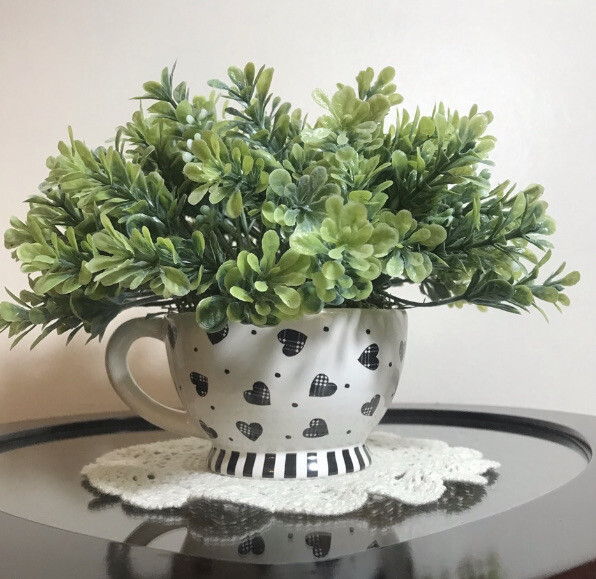 Black & white farmhouse hearts stripes teacup greenery plant Handmade Enesco cup