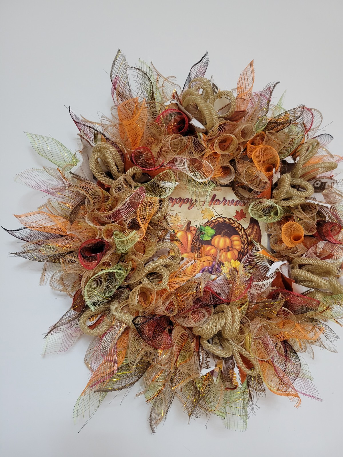 HAPPY HARVEST autumn Spring Mesh Front Door Wreath Wall Decor Bright colors