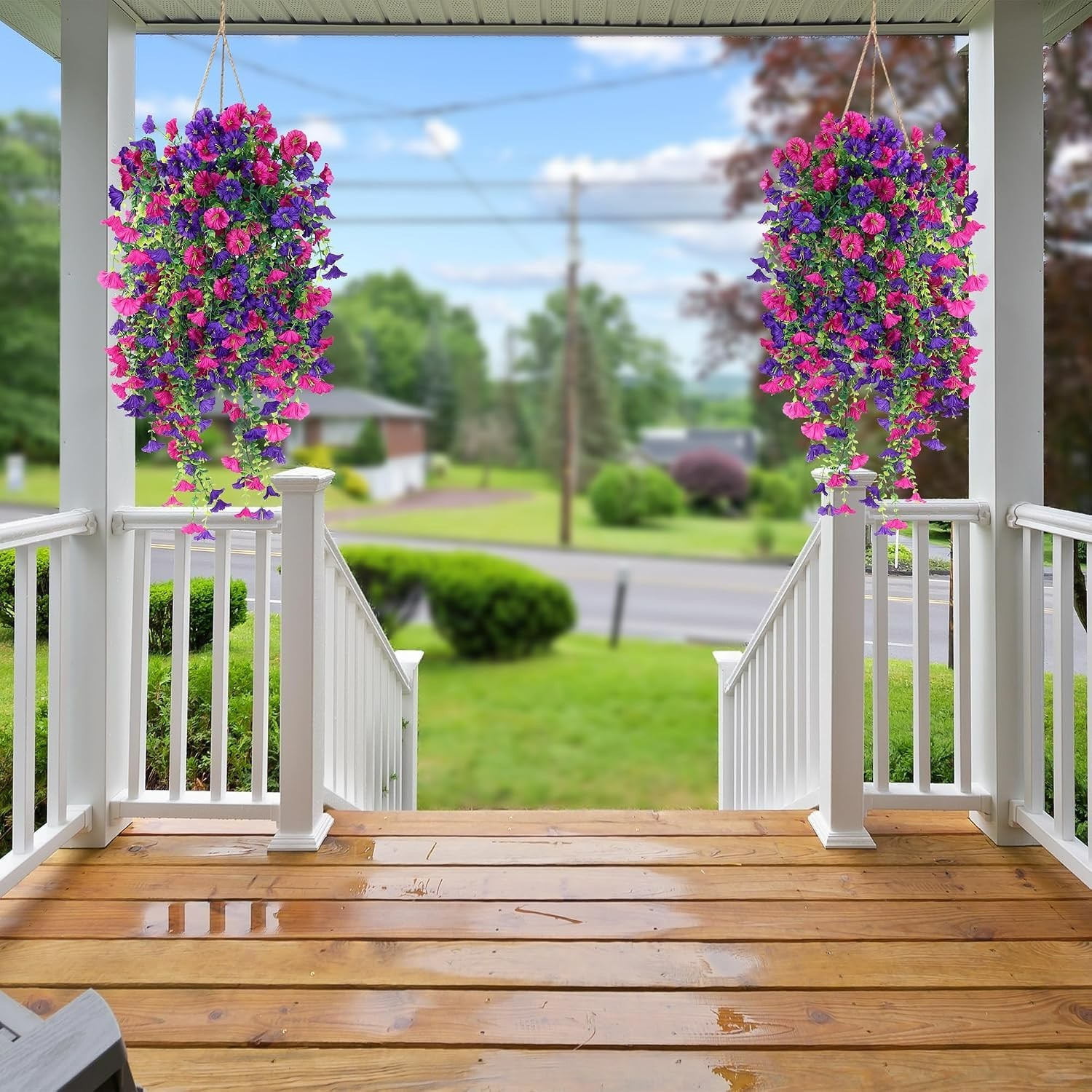 Lifelike Purple & Magenta Faux Hanging Flower Plants – Indoor & Outdoor Use