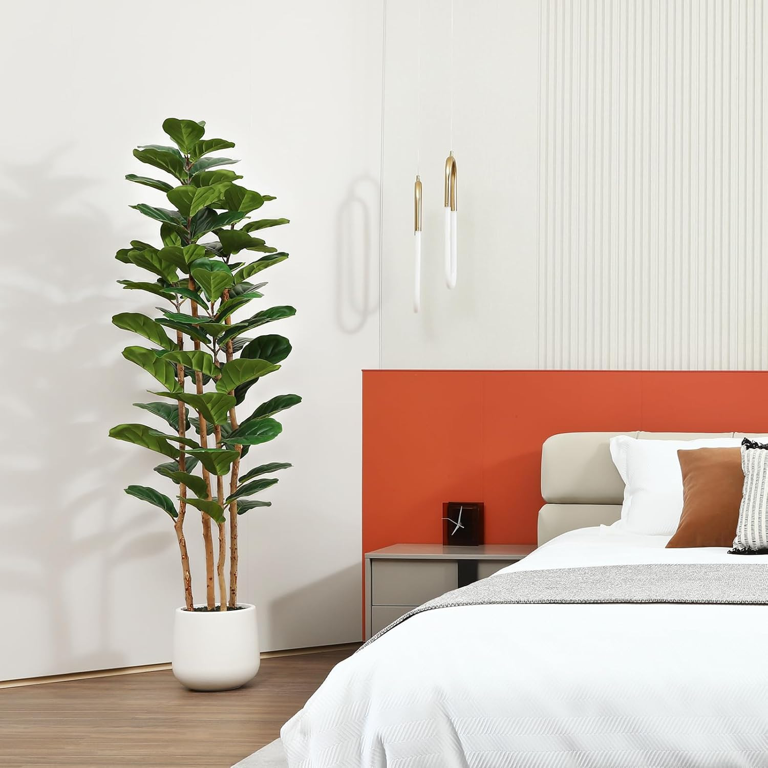 Artificial Fiddle Leaf Fig Tree with White Planter, 6Ft Tall Fake Tree with Natu