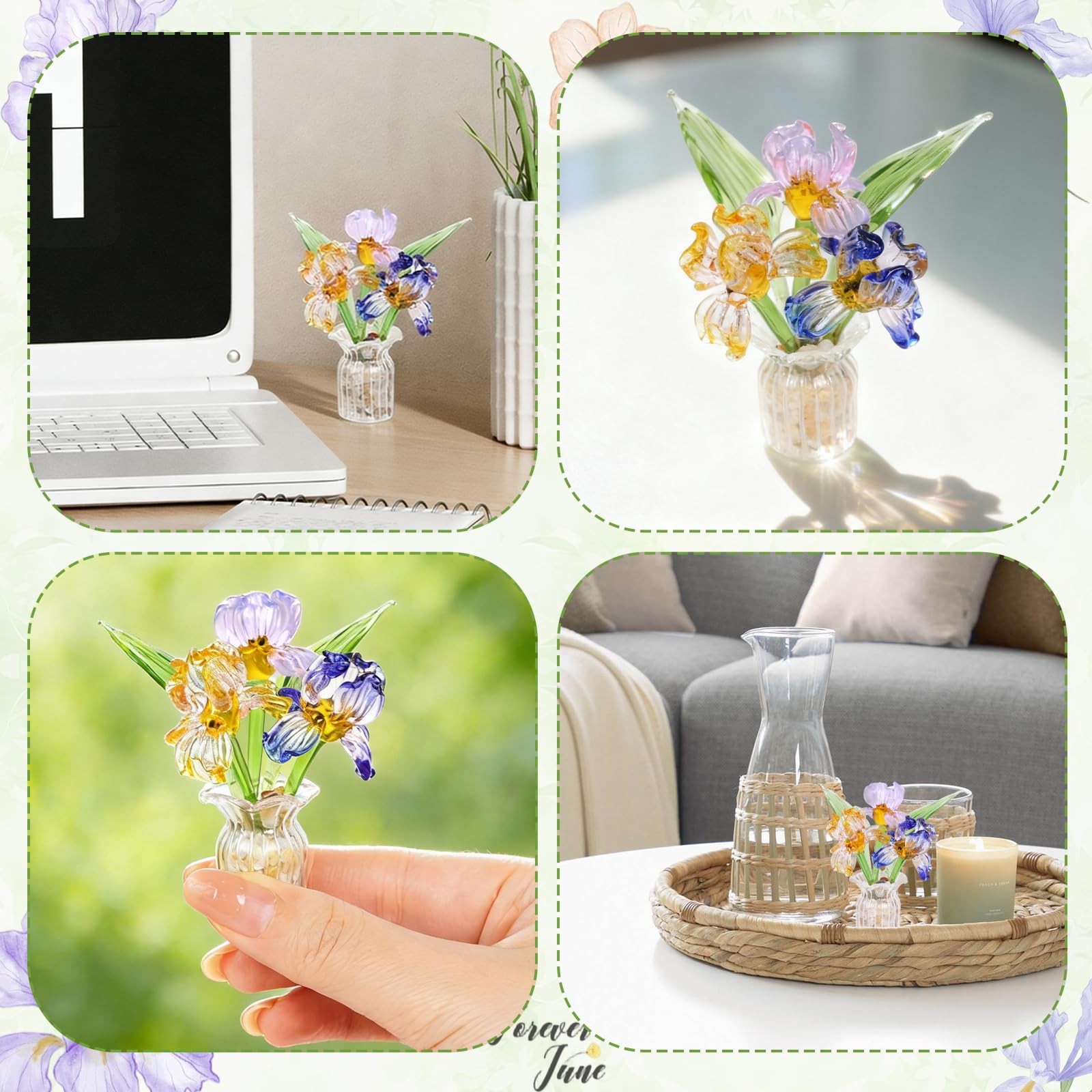 Mini Glass Flowers with Vase, Handmade Crystal Flowers Decor Iris Flower Arra…