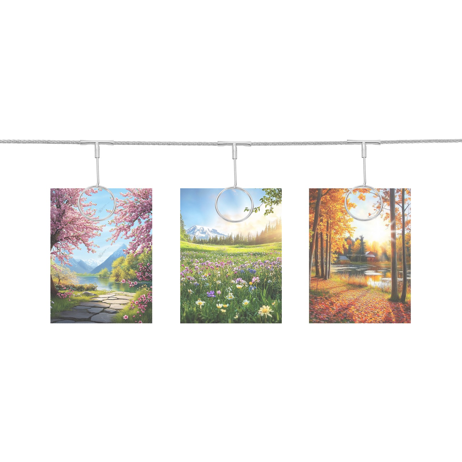 5Ft Wall Hanging Photo Display Cable Wire Rod with 12 Round Clips, Silver