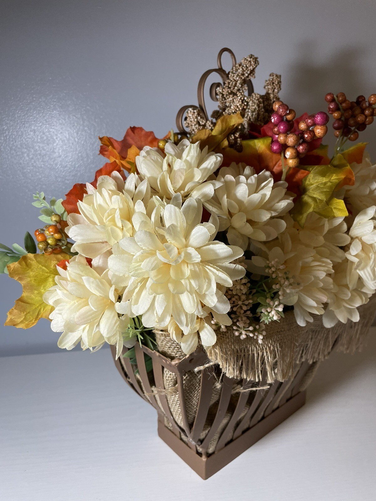 Fall Flower Arrangement In Large Upcycled Metal Hanging Basket Copper Painted